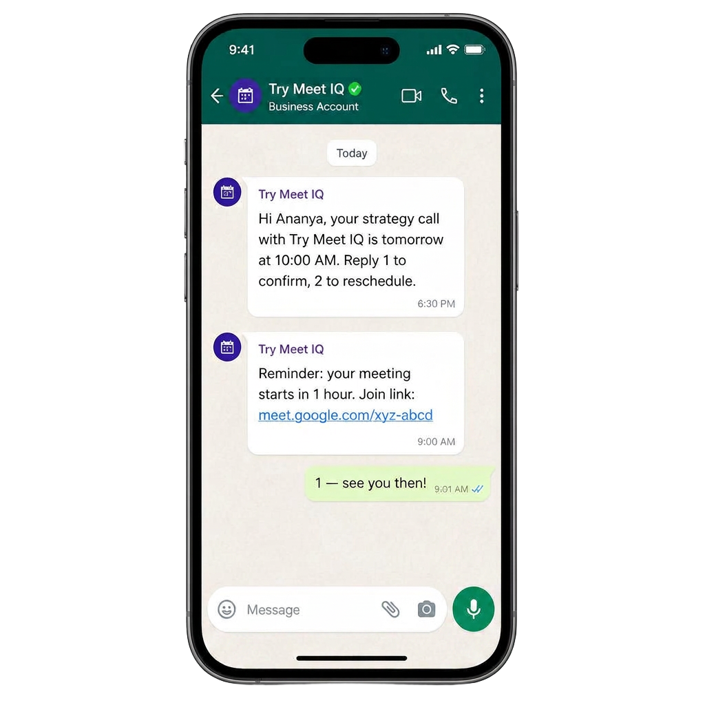 WhatsApp reminder showing a meeting confirmation and 1-hour reminder on a phone